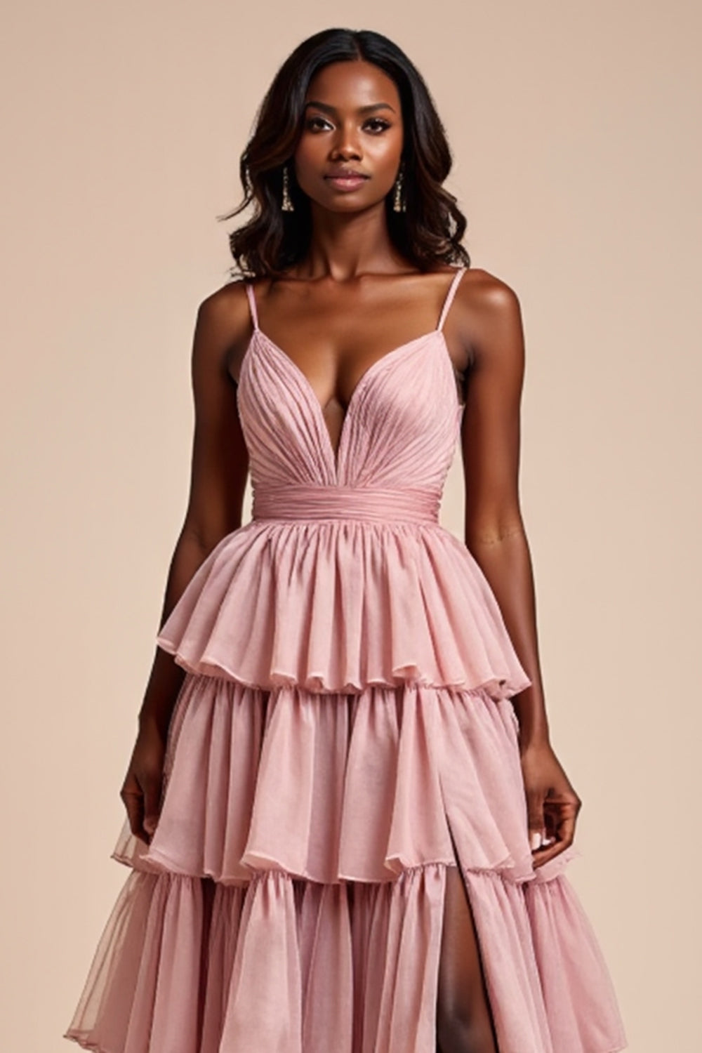 Dusty Rose A Line Spaghetti Straps Ruffles Tiered Prom Dress