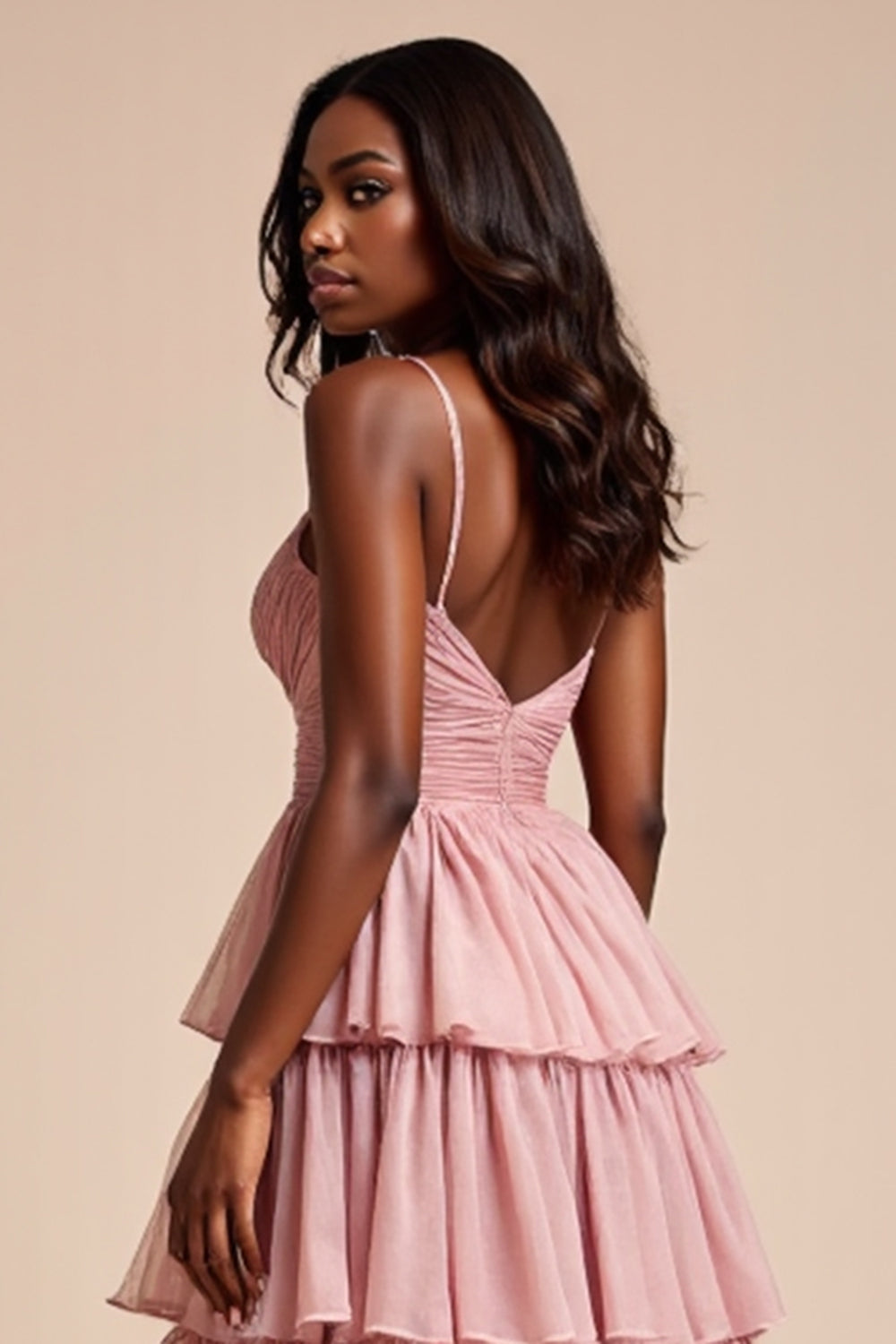 Dusty Rose A Line Spaghetti Straps Ruffles Tiered Prom Dress