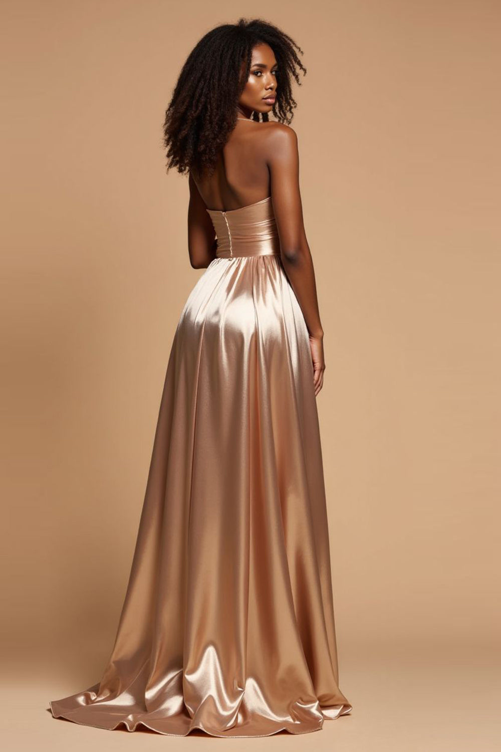 Golden A-Line Spaghetti Straps Satin Pleated Long Prom Dress with Slit