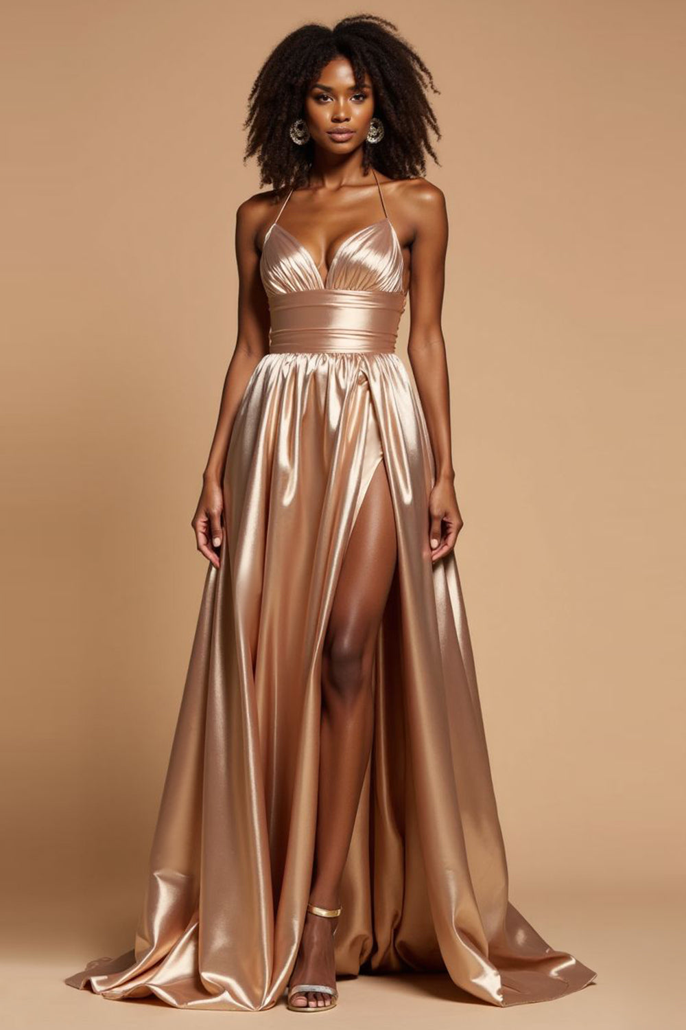 Golden A-Line Spaghetti Straps Satin Pleated Long Prom Dress with Slit