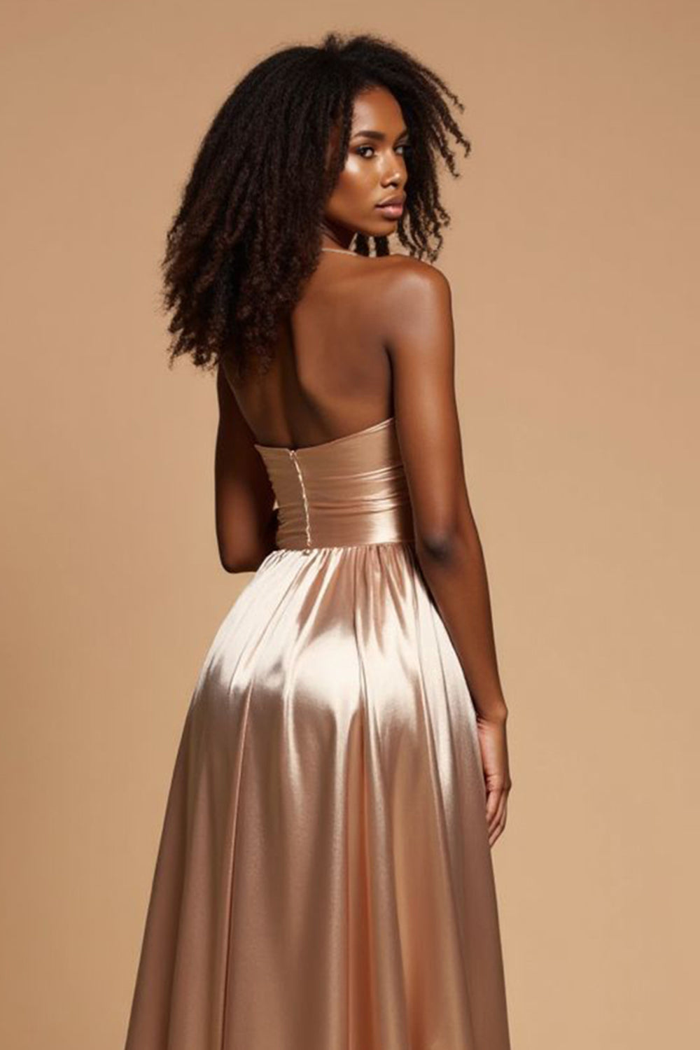 Golden A-Line Spaghetti Straps Satin Pleated Long Prom Dress with Slit