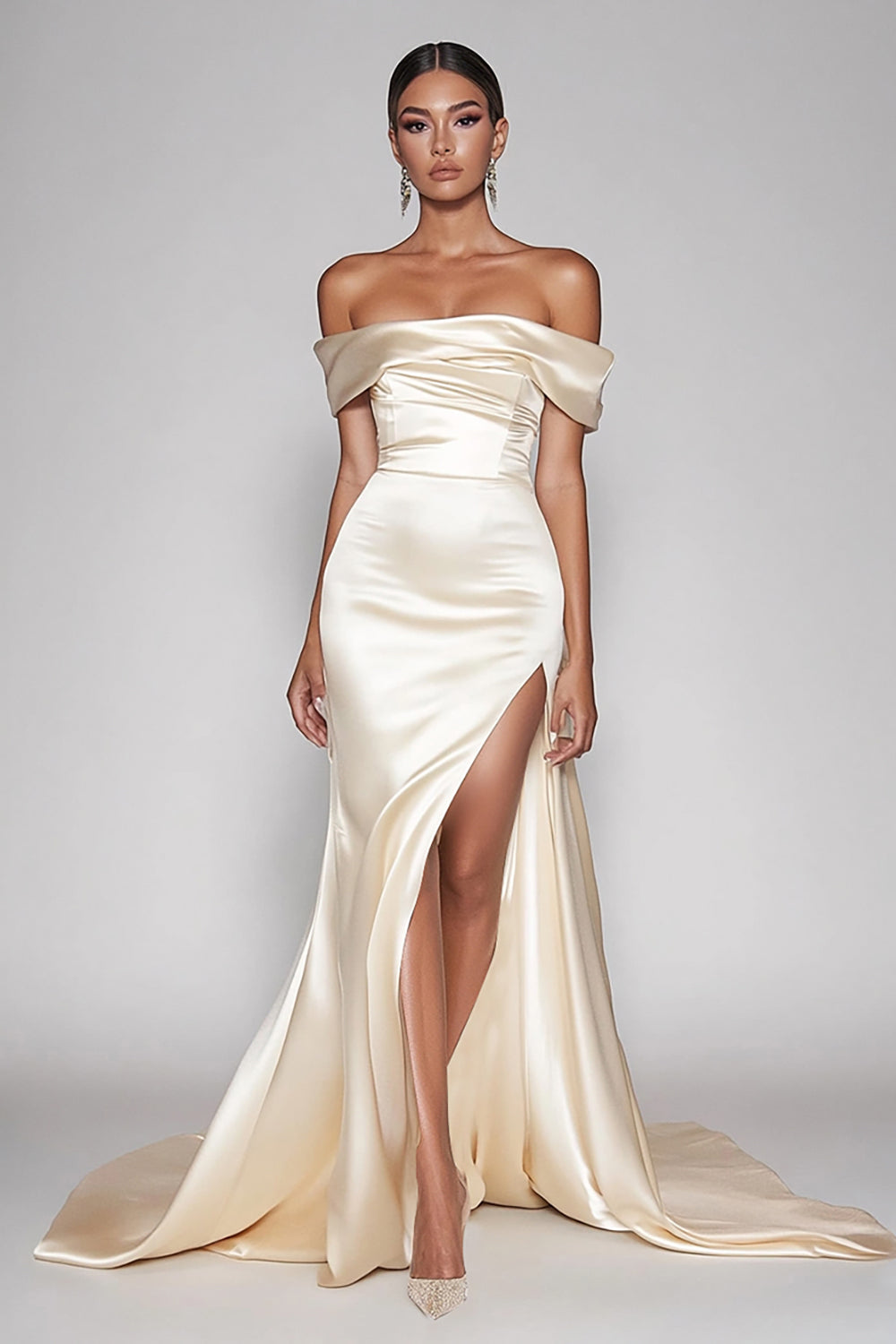 Champagne Off The Shoulder Satin Long Mermaid Prom Dress with Slit