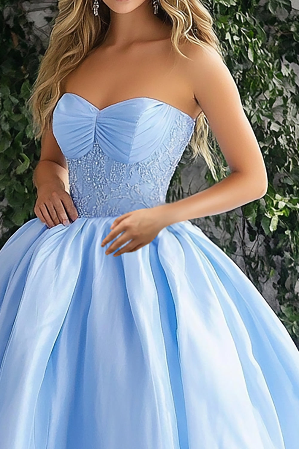 Glitter Sky Blue A-Line Strapless Organza Ball Gown with Lace