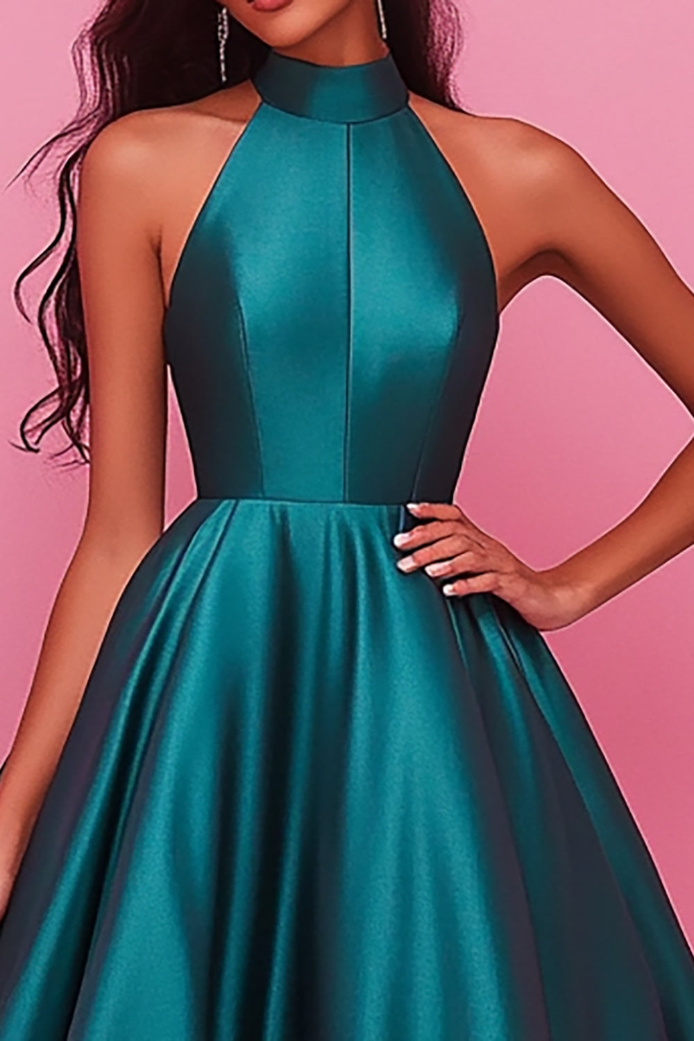 Dark Green High Neck A-Line Sleeveless Satin Long Prom Dress