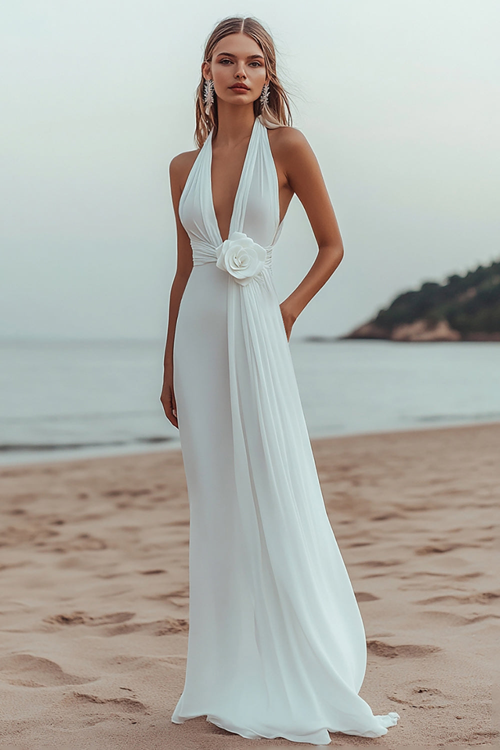 White Sheath Halter Ruched Long Formal Dress with Flower