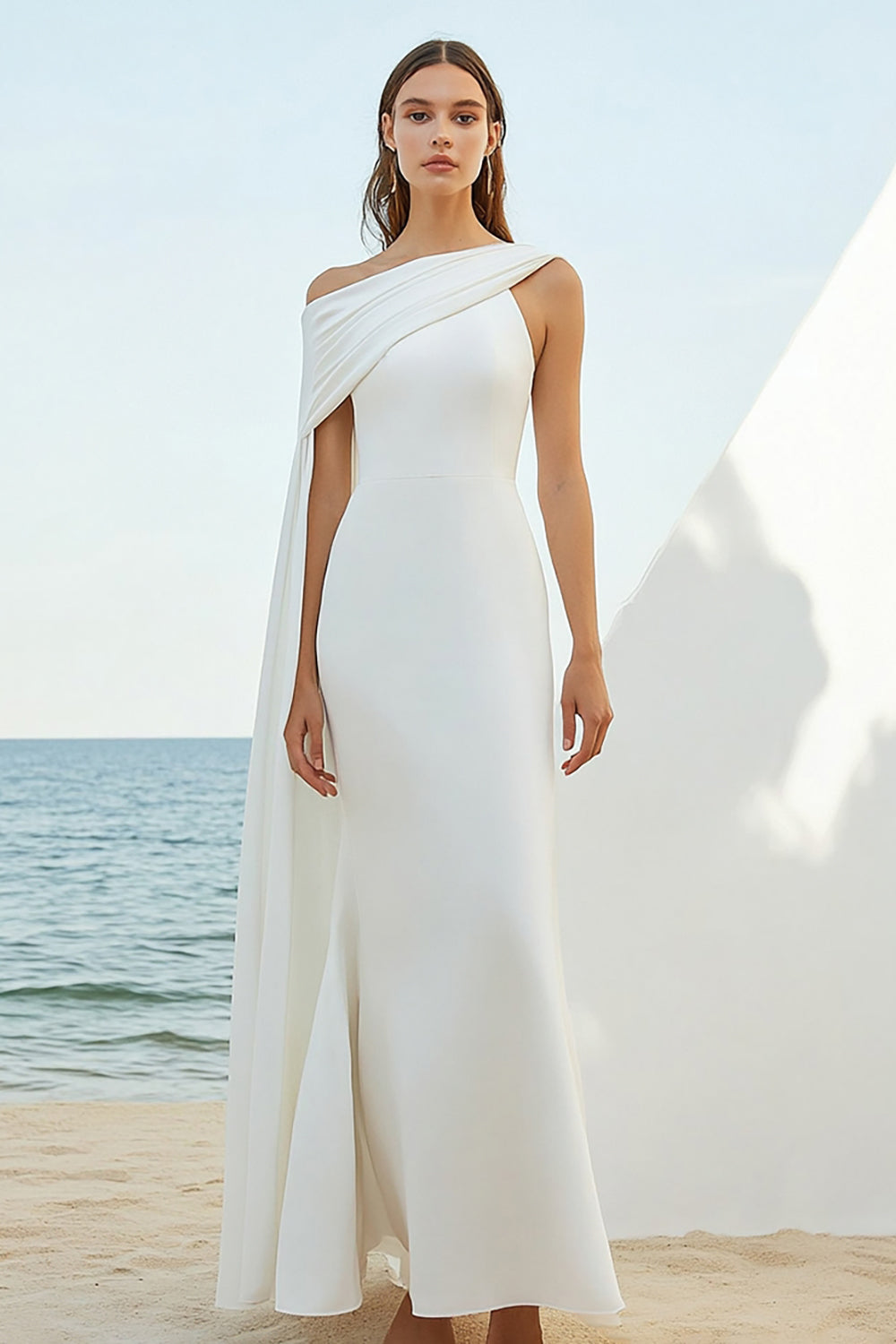 White Sheath One Shoulder Long Formal Dress with Cape