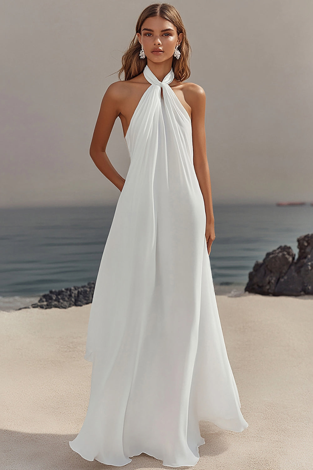 White Sheath Halter Chiffon Long Boho Beach Dress
