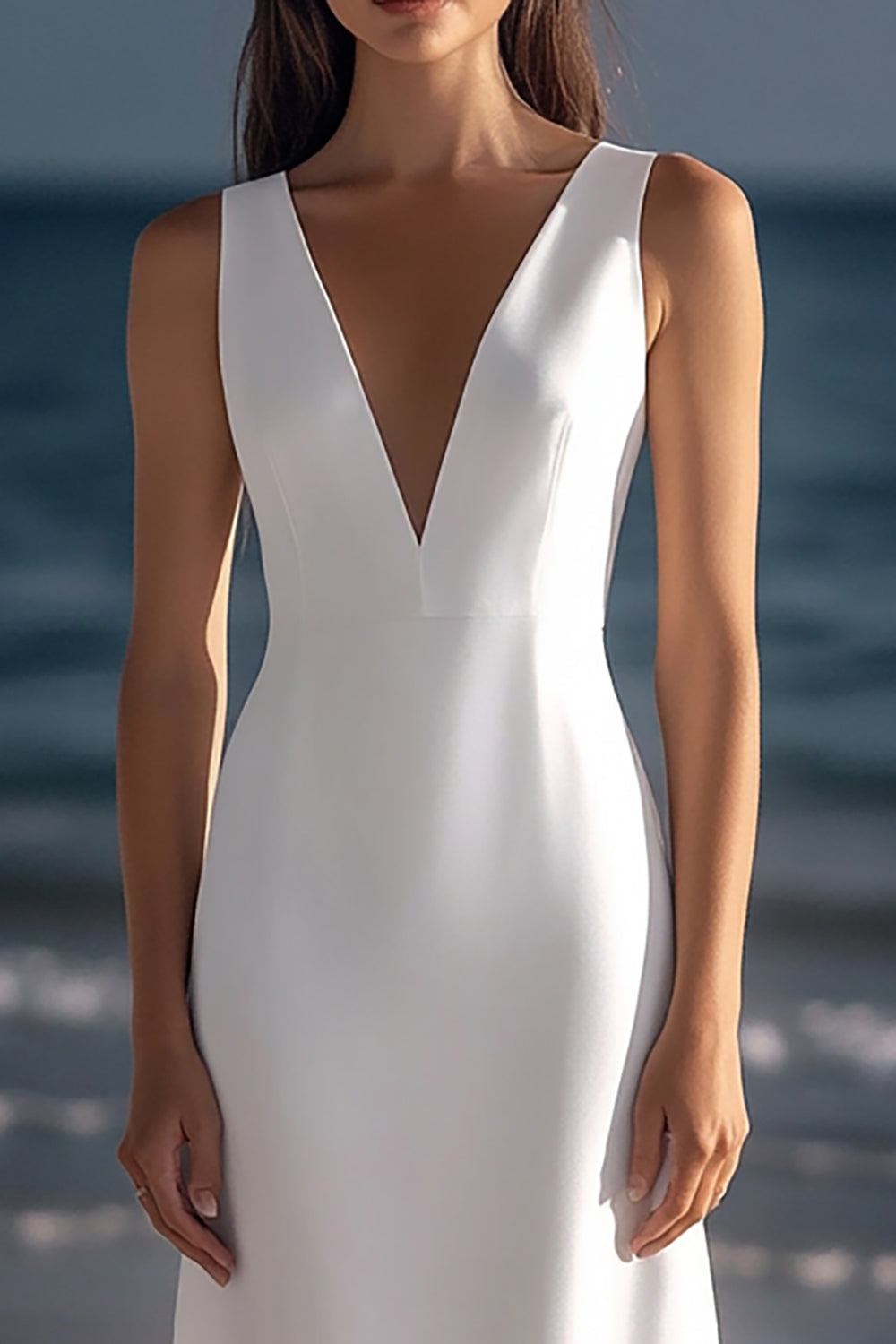 White V Neck Satin Sheath Knee Length Graduation Dress