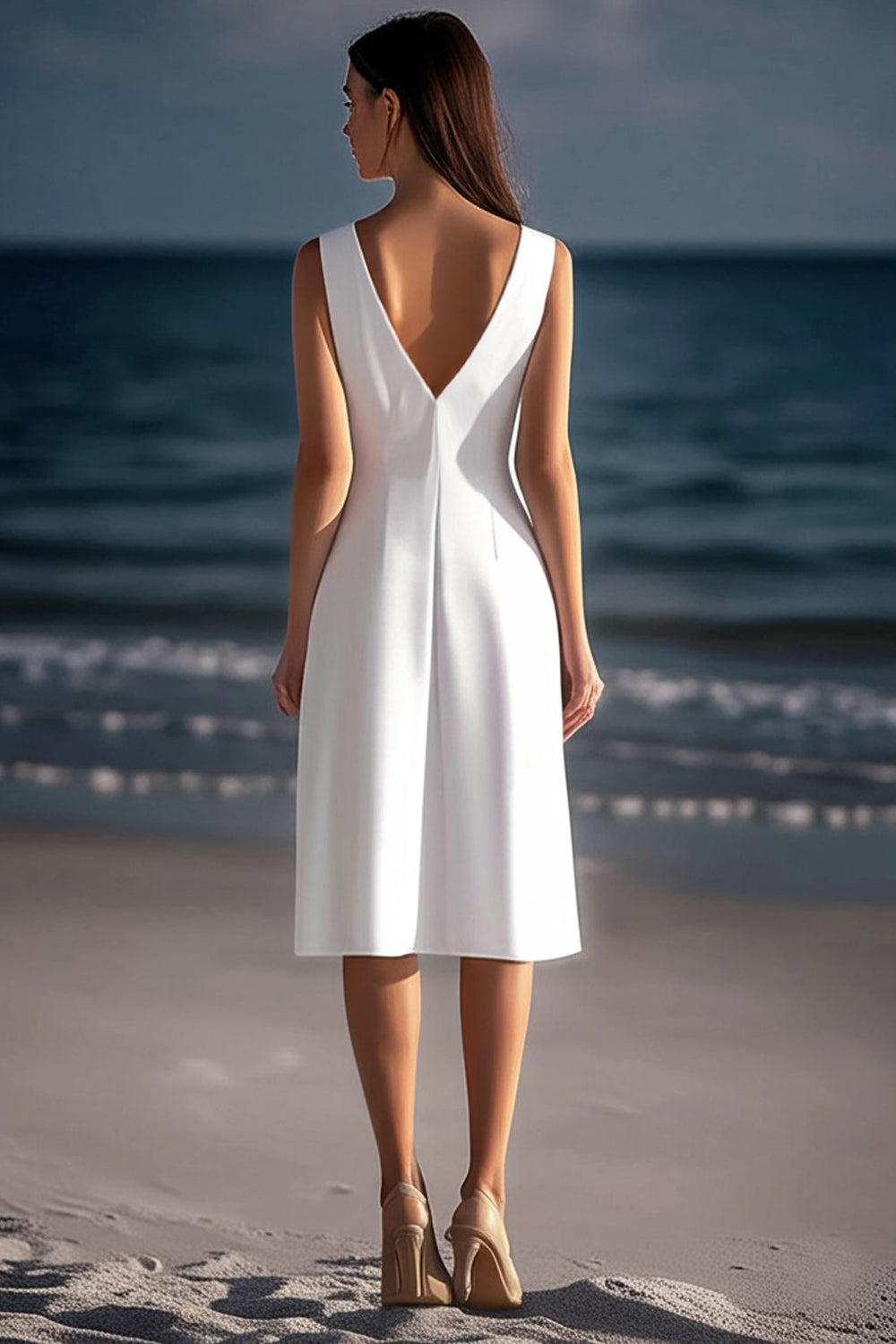 White V Neck Satin Sheath Knee Length Graduation Dress