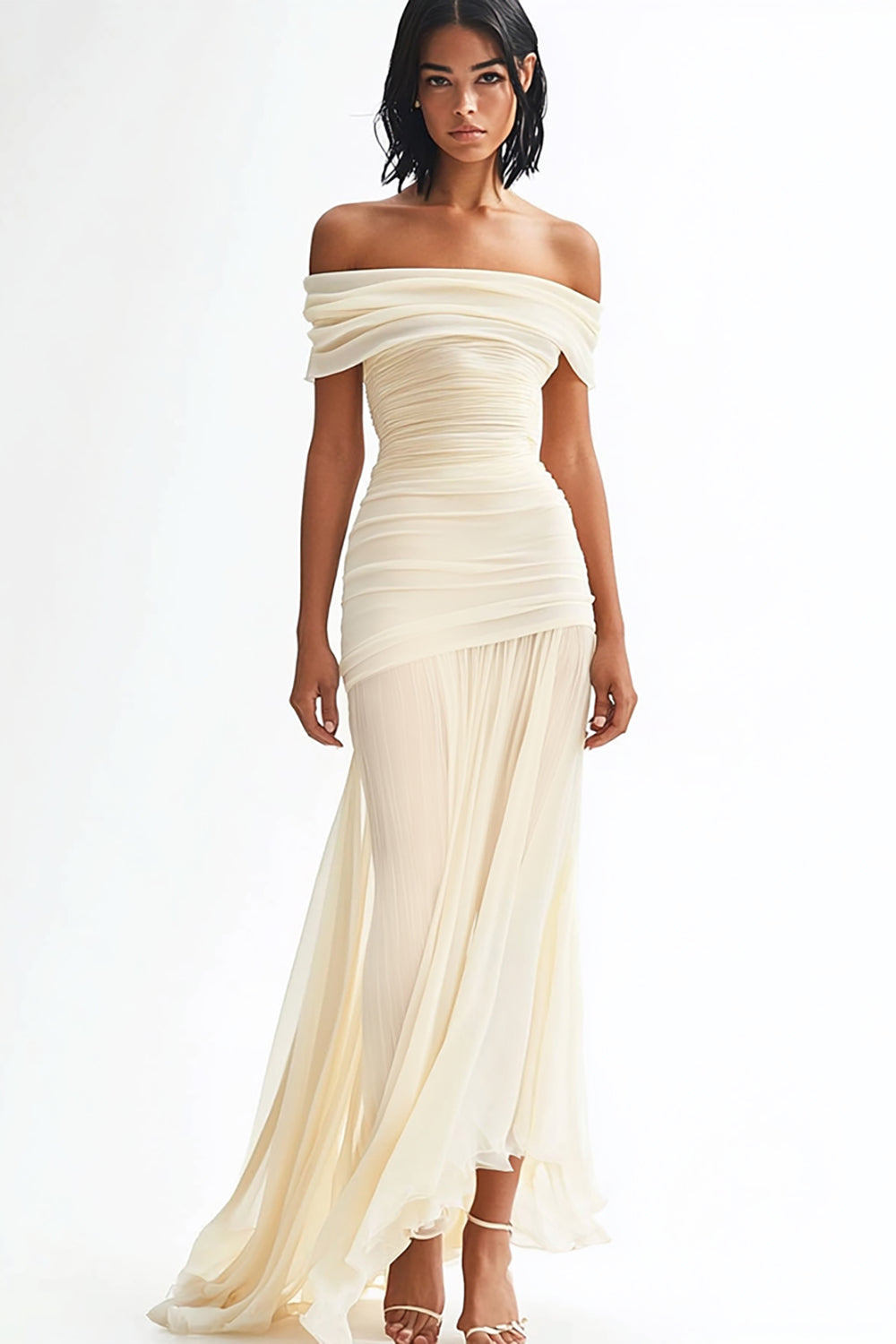 Flowy Ivory Off the Shoulder Ruched Mermaid Wedding Dress