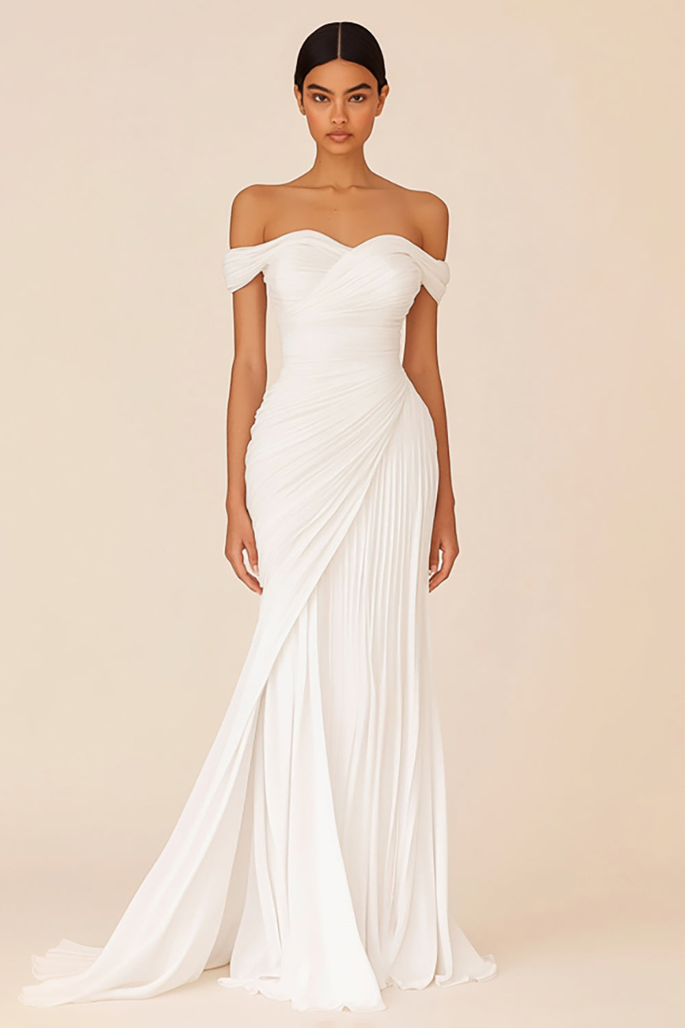White Sheath Off the Shoulder Pleated Long Wedding Dress