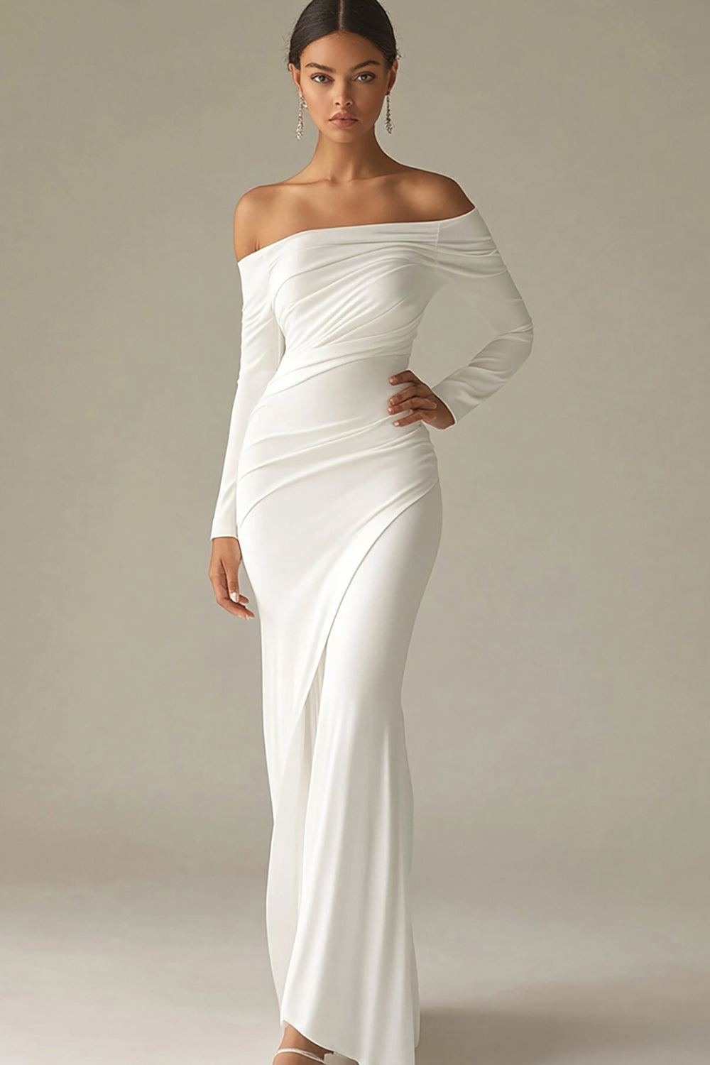 White Mermaid Off the Shoulder Satin Long Wedding Dress