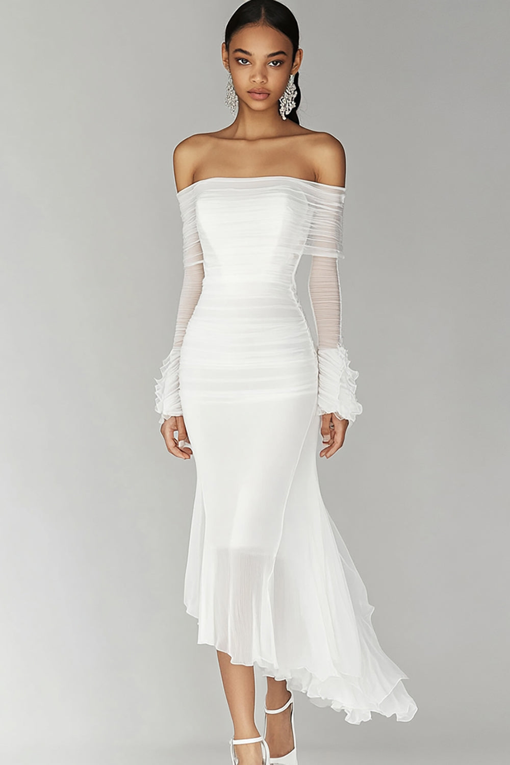 White Off The Shoulder Chiffon Graduation Dress with Long Sleeves