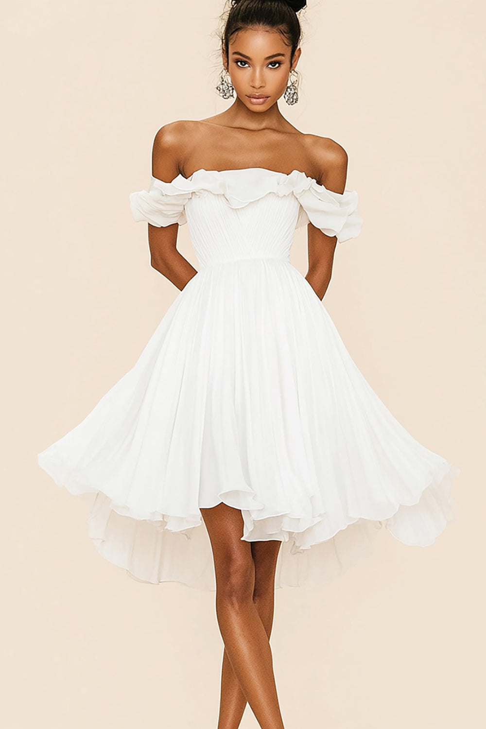 White Off The Shoulder A Line Ruffled Graduation Dress