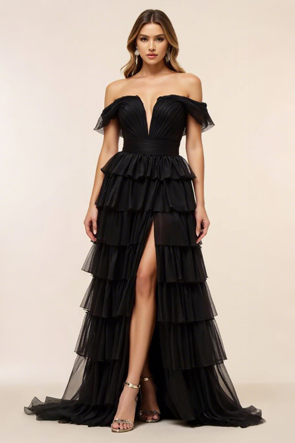Black Tiered Off the Shoulder Prom Dress with Slit