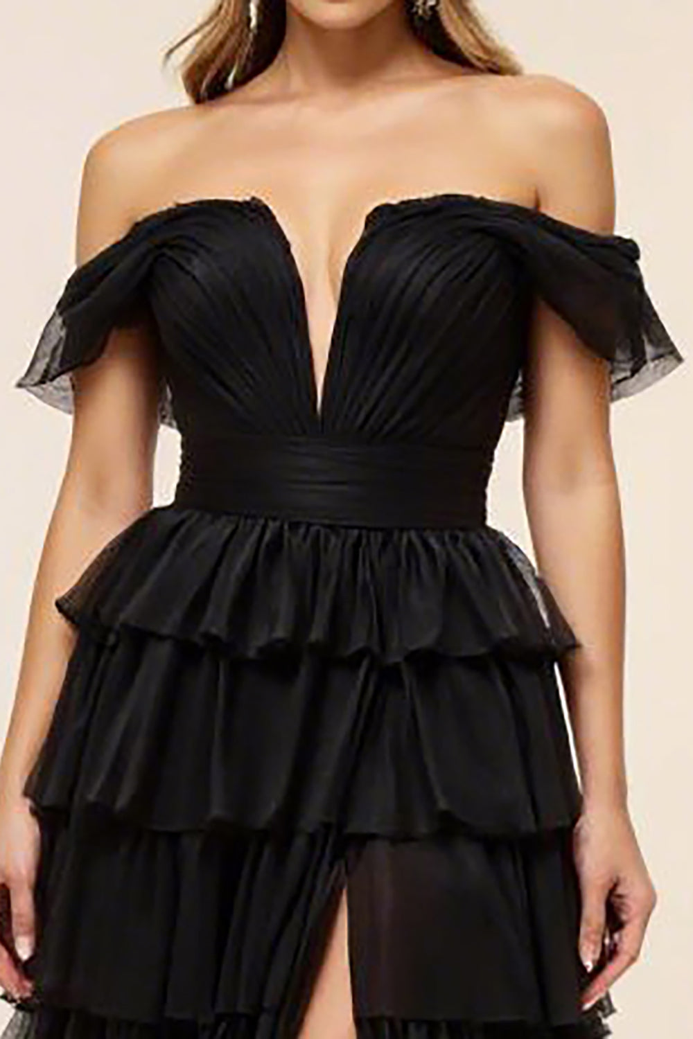 Black Tiered Off the Shoulder Prom Dress with Slit