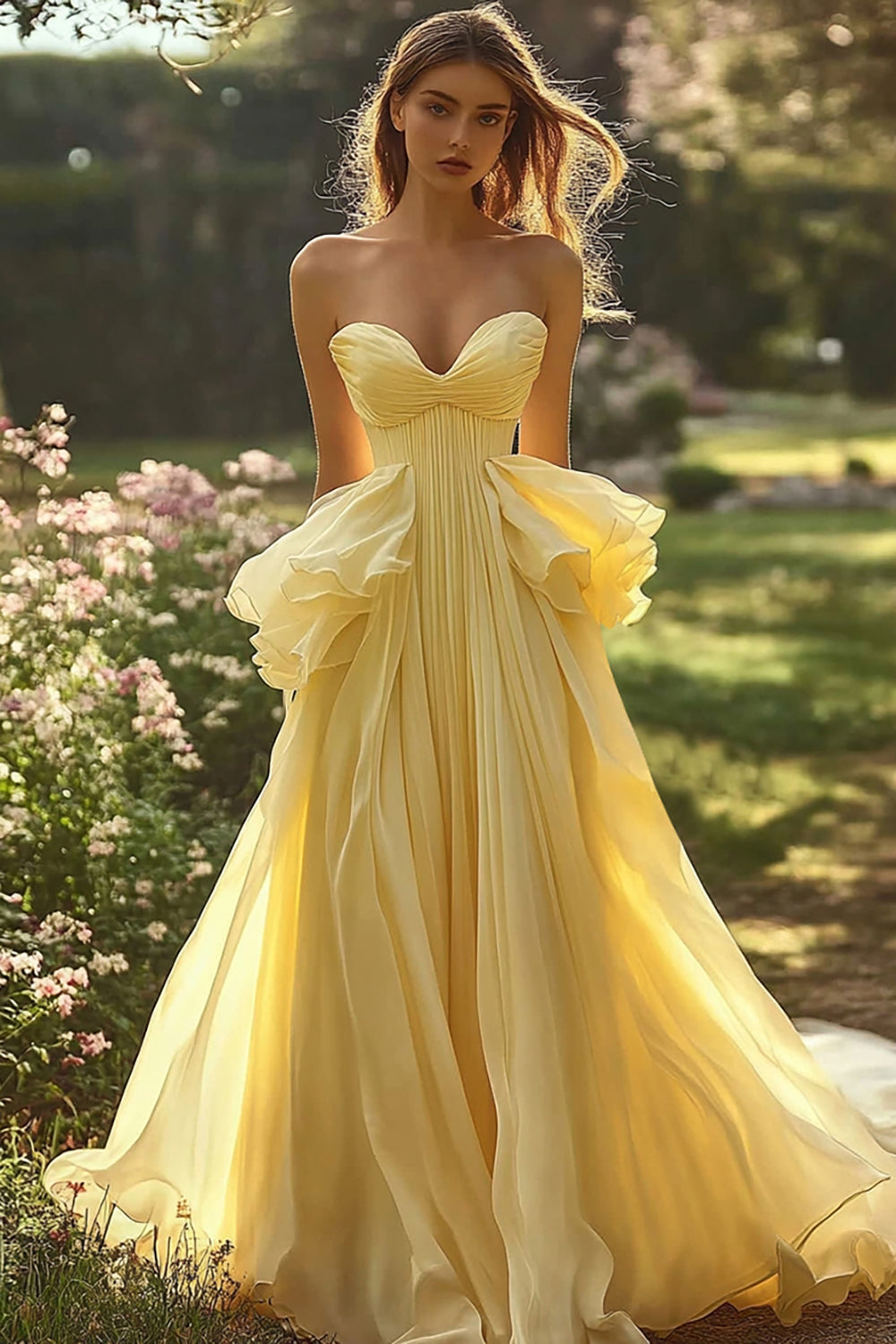 Daffodil Strapless A Line Prom Dress with Ruffles