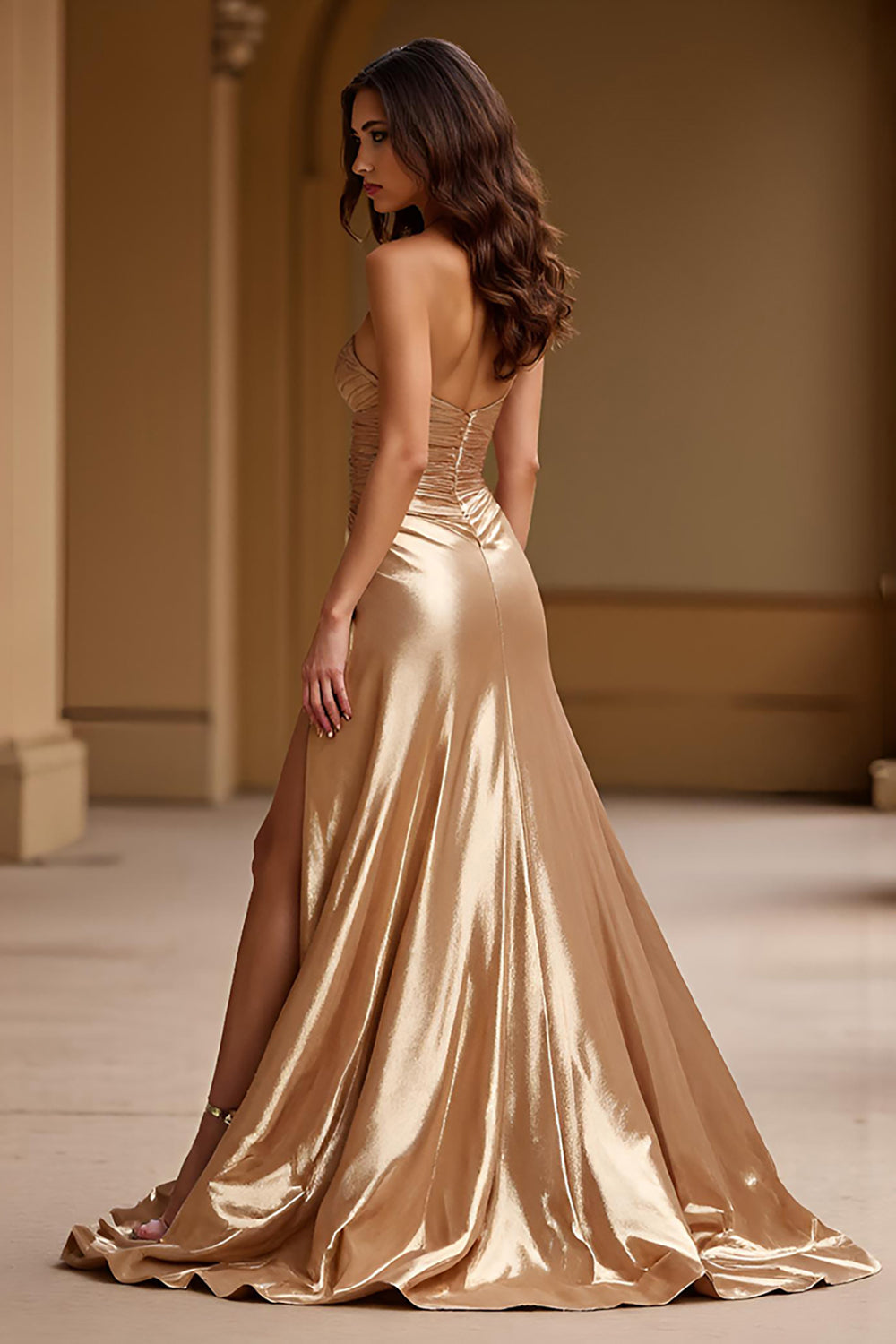Gold Strapless A Line Metallic Satin Prom Dress