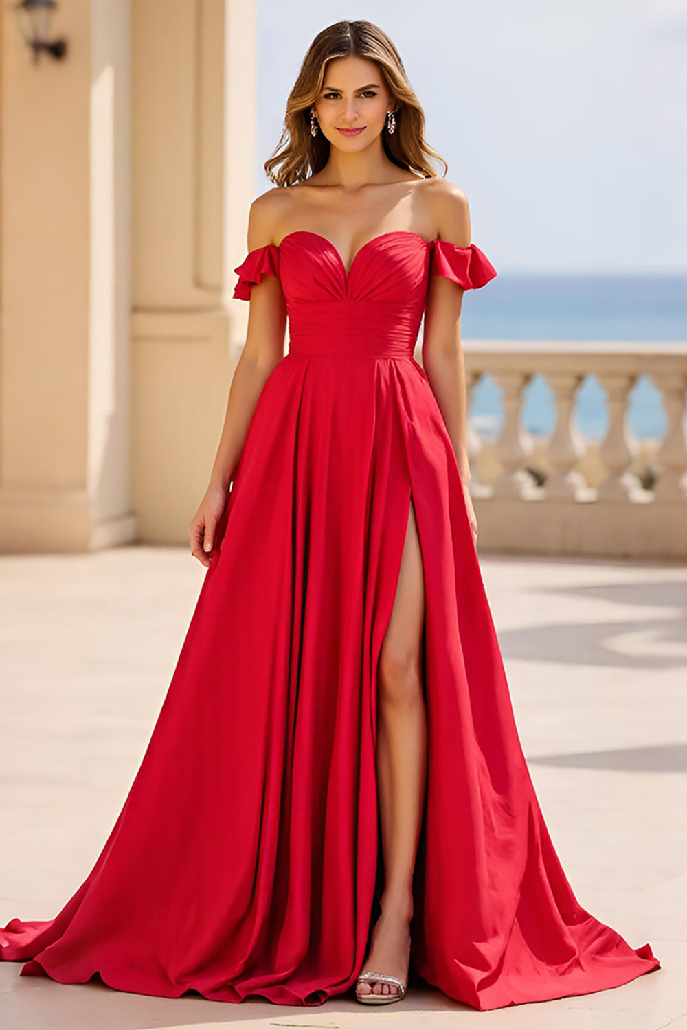 Red A Line Off the Shoulder Long Prom Dress with Slit