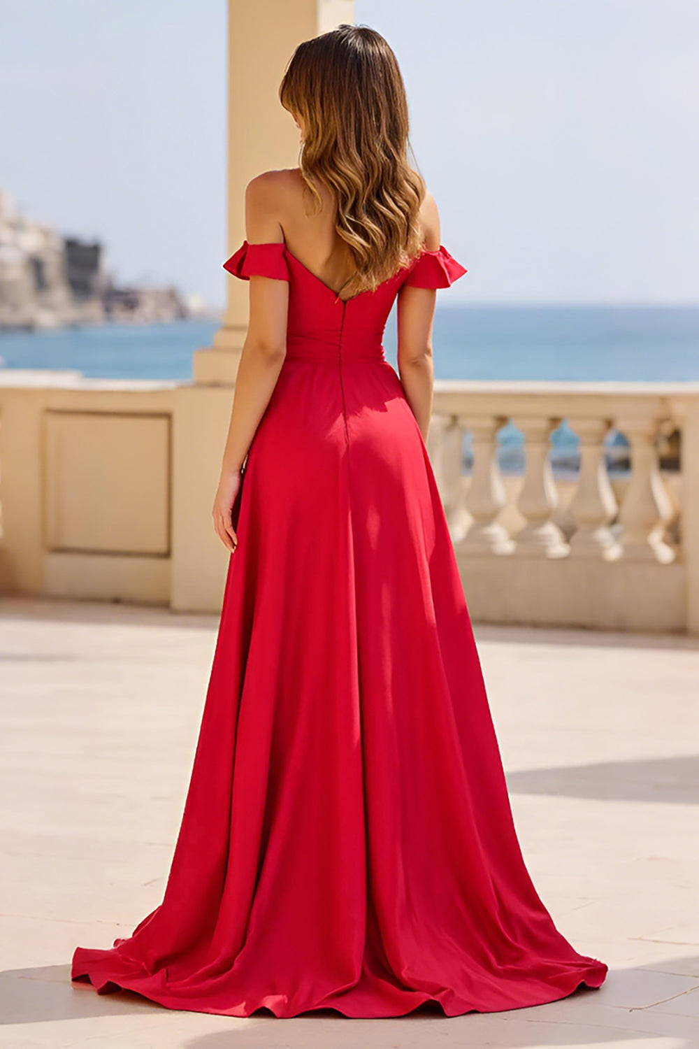 Red A Line Off the Shoulder Long Prom Dress with Slit