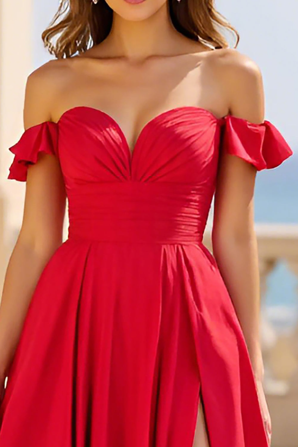 Red A Line Off the Shoulder Long Prom Dress with Slit