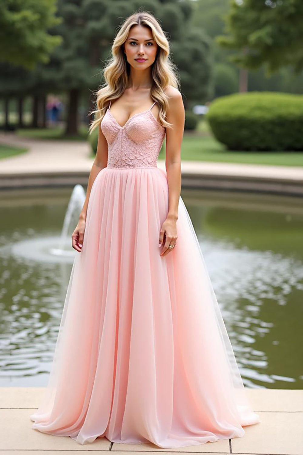 Pink A Line Spaghetti Straps Long Prom Dress