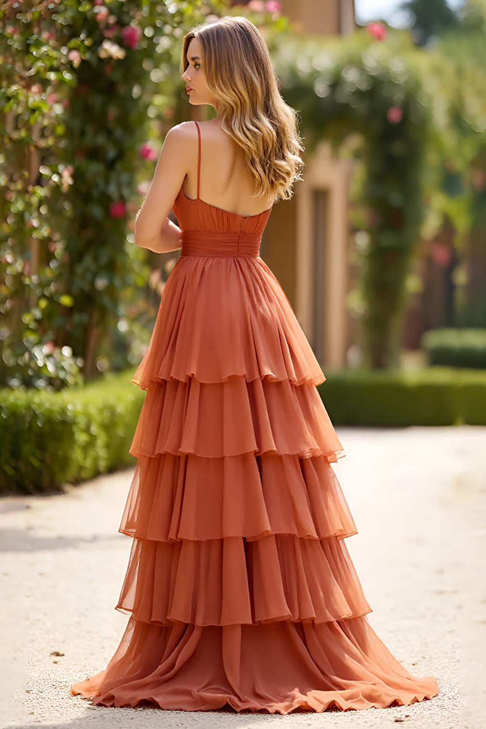 Terracotta A Line V- Neck Ruffled Long Prom Dress