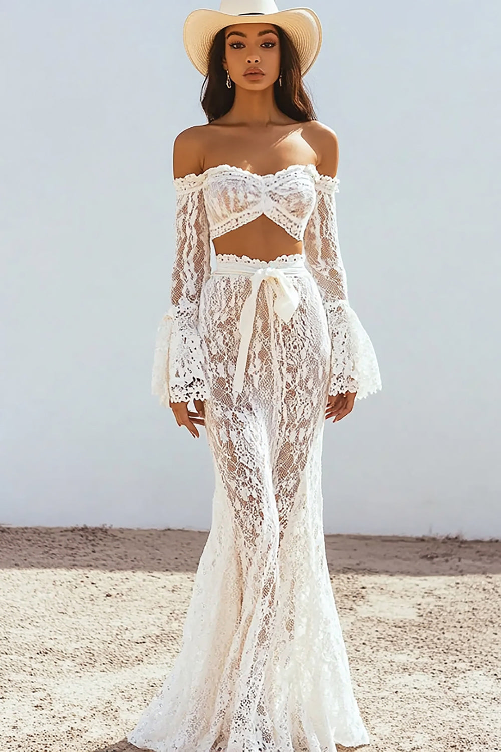 Boho Off the Shoulder White Lace Mermaid Wedding Dress