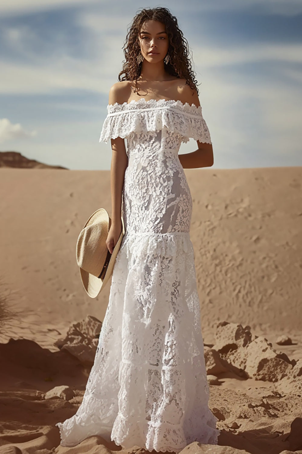 Off the Shoulder Lace White A Line Boho Wedding Dress