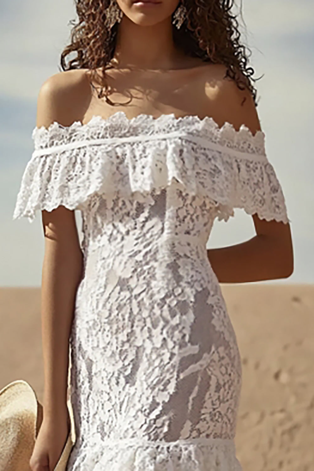 Off the Shoulder Lace White A Line Boho Wedding Dress