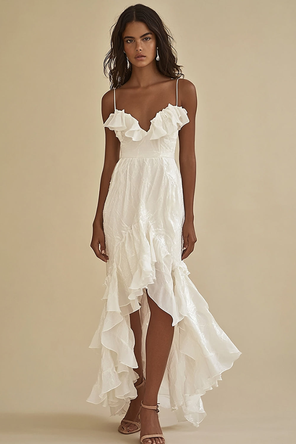 White Spaghetti Straps Long Engagement Dress