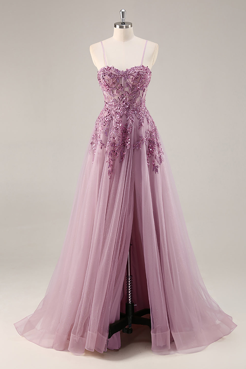 Dusty Blue A Line Strapless Sheer Corset Beaded Long Prom Dress with Slit