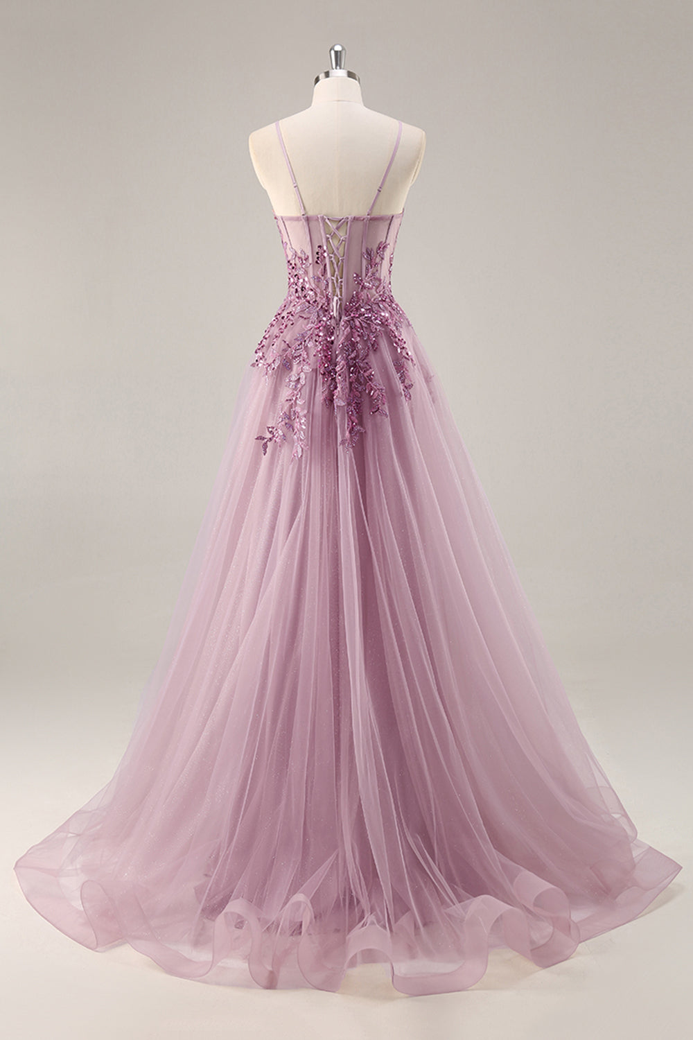 Dusty Blue A Line Strapless Sheer Corset Beaded Long Prom Dress with Slit