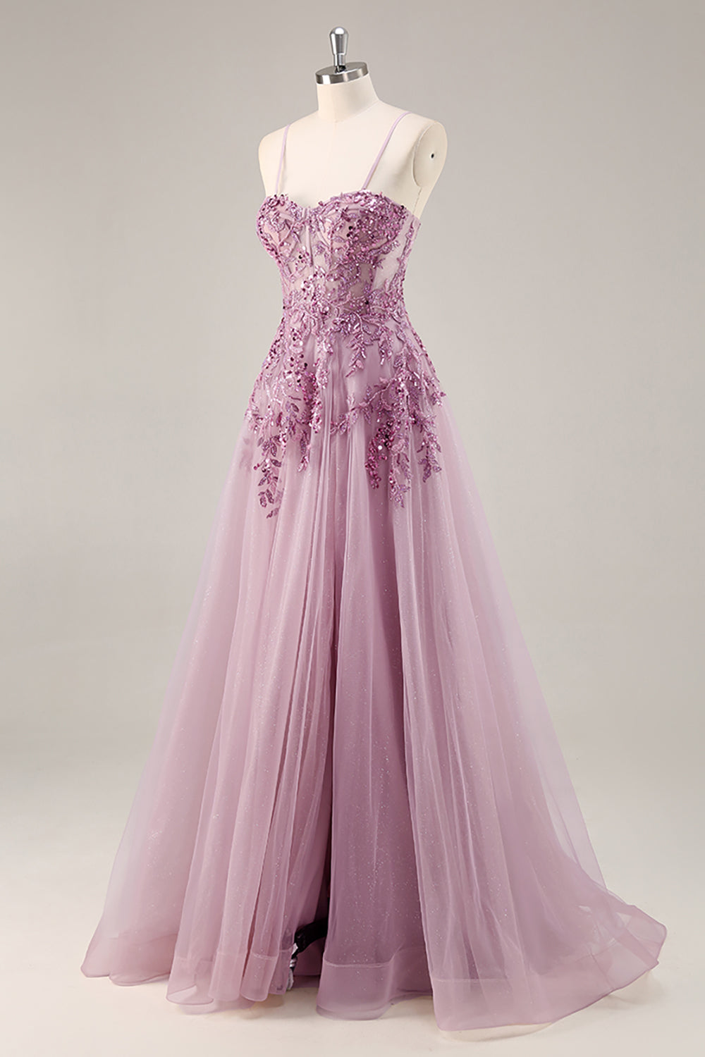 Dusty Blue A Line Strapless Sheer Corset Beaded Long Prom Dress with Slit
