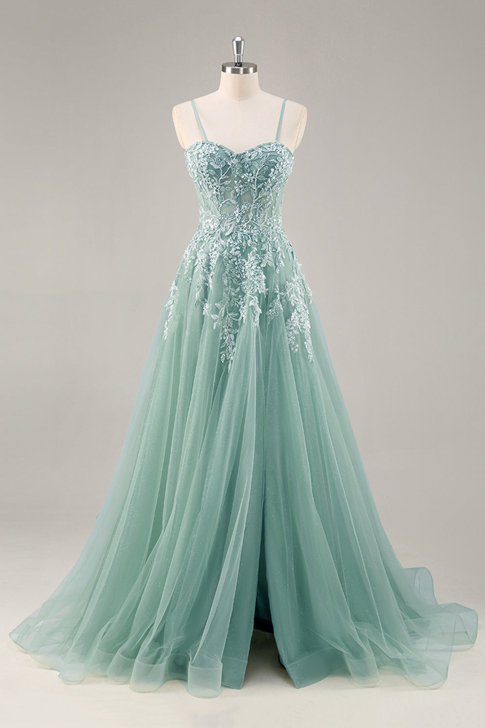 Dusty Blue A Line Strapless Sheer Corset Beaded Long Prom Dress with Slit