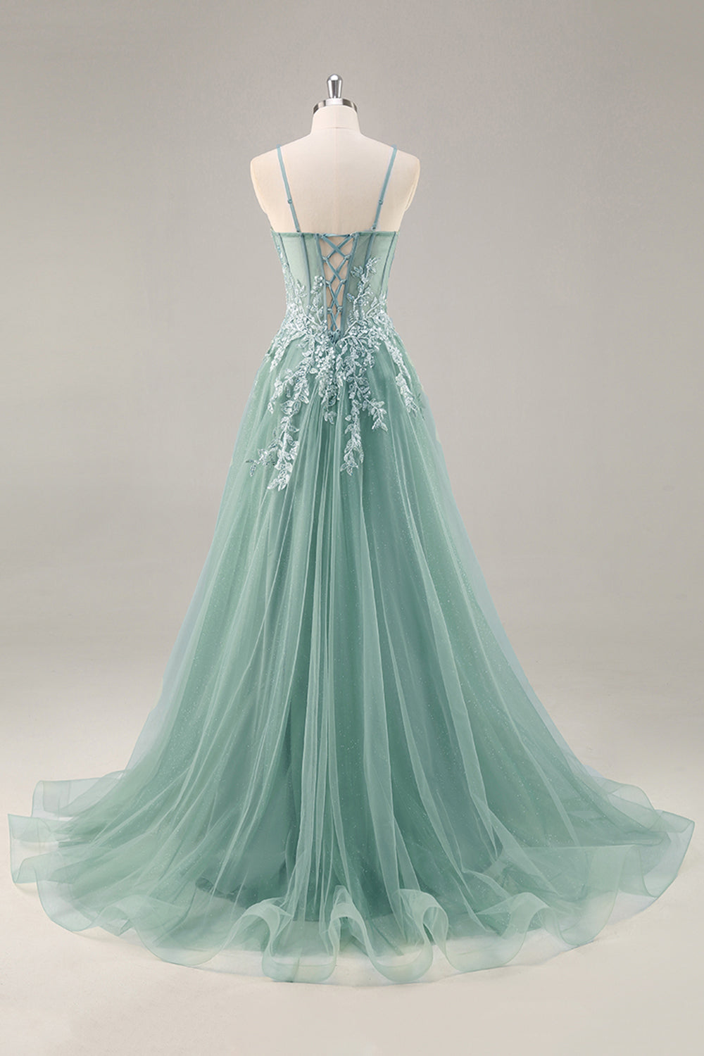 Dusty Blue A Line Strapless Sheer Corset Beaded Long Prom Dress with Slit