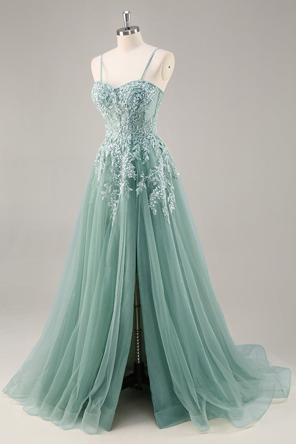 Dusty Blue A Line Strapless Sheer Corset Beaded Long Prom Dress with Slit