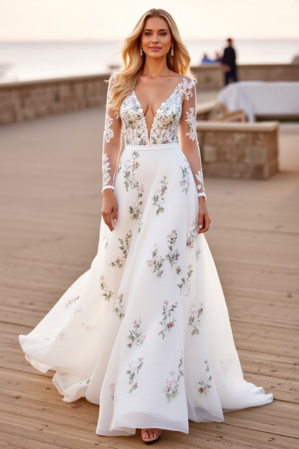 Appliqued A Line White Wedding Dress with Long Sleeves