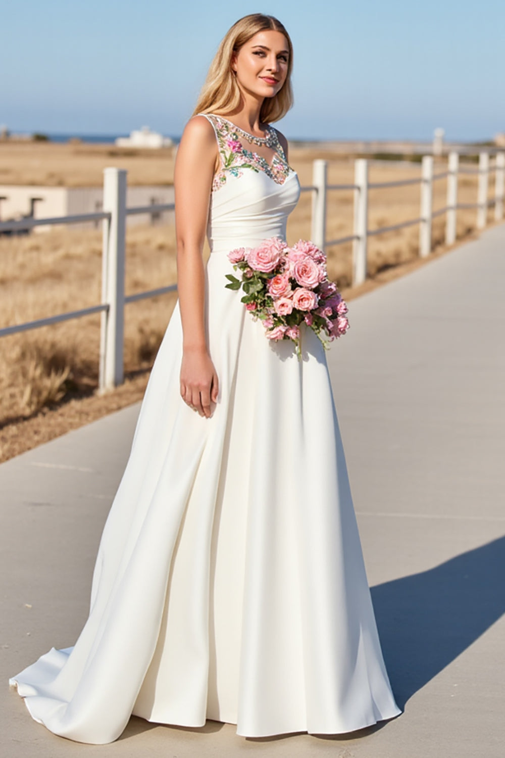 Floral A Line Round Neck White Long Wedding Dress