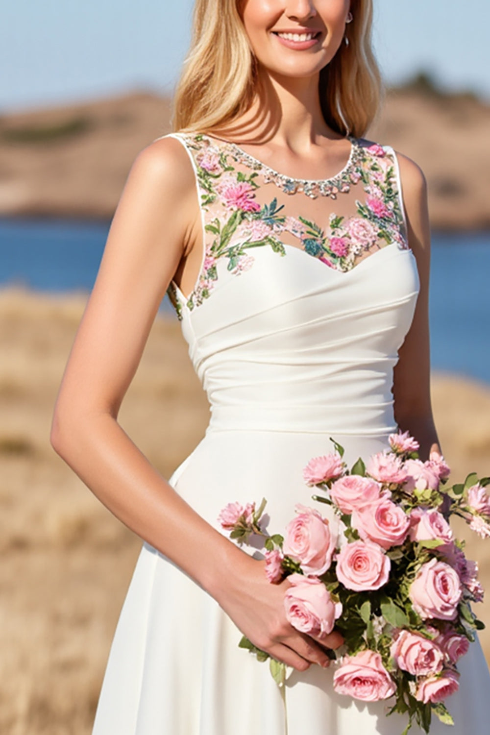 Floral A Line Round Neck White Long Wedding Dress