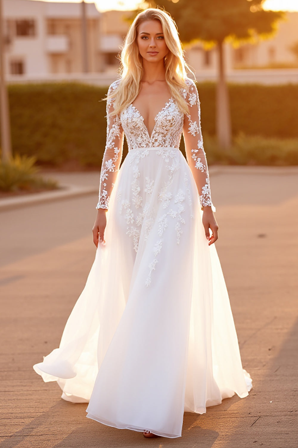 White Appliqued A Line Wedding Dress with Long Sleeves