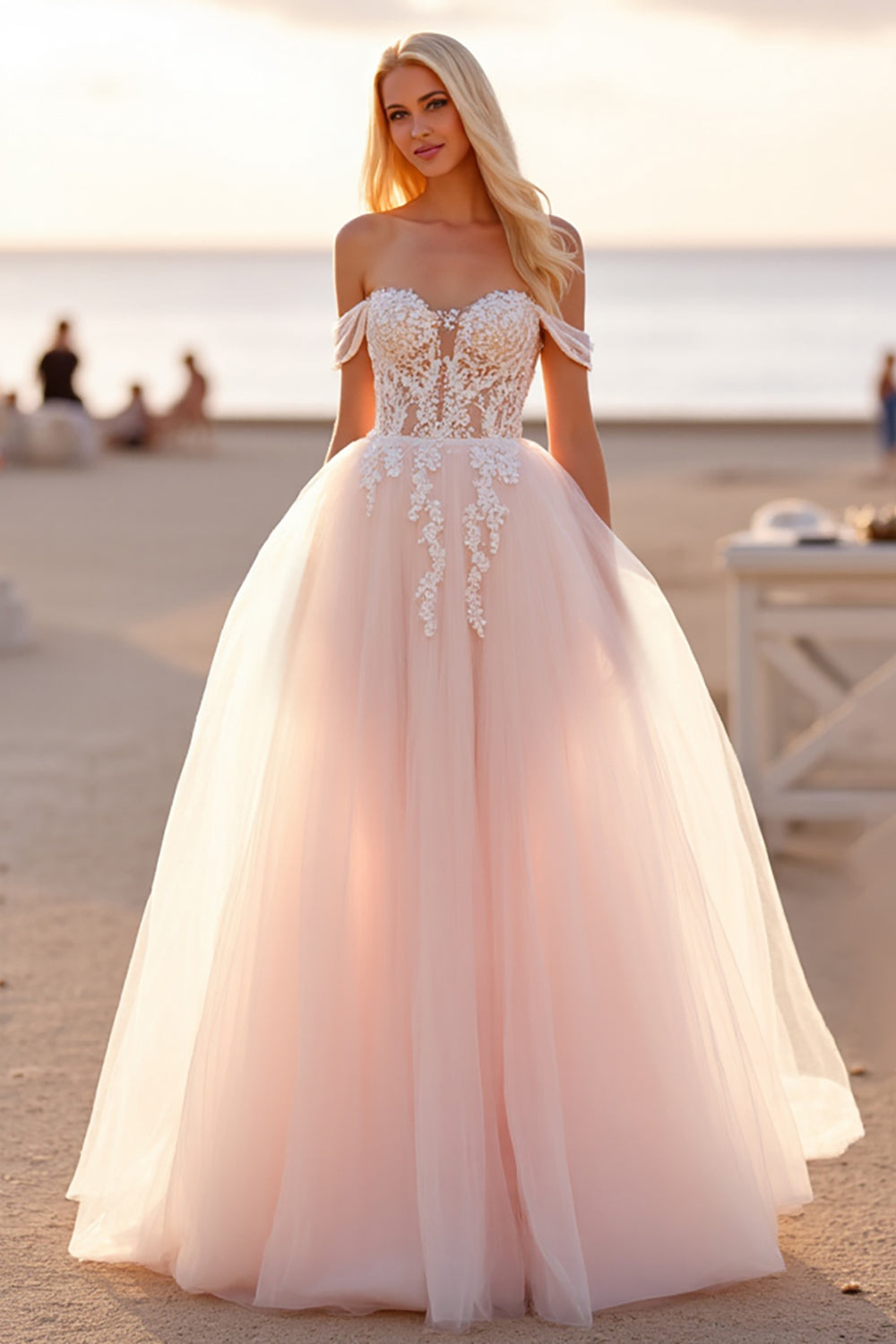 Off The Shoulder Blush Tulle A Line Wedding Dress with Appliques
