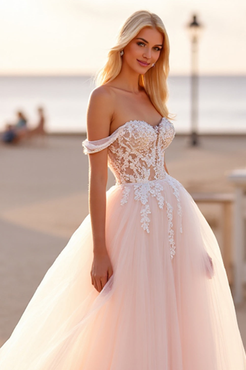 Off The Shoulder Blush Tulle A Line Wedding Dress with Appliques