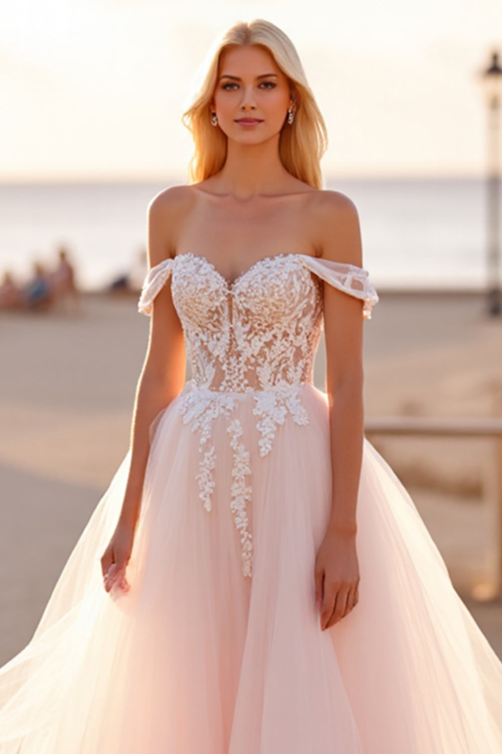 Off The Shoulder Blush Tulle A Line Wedding Dress with Appliques