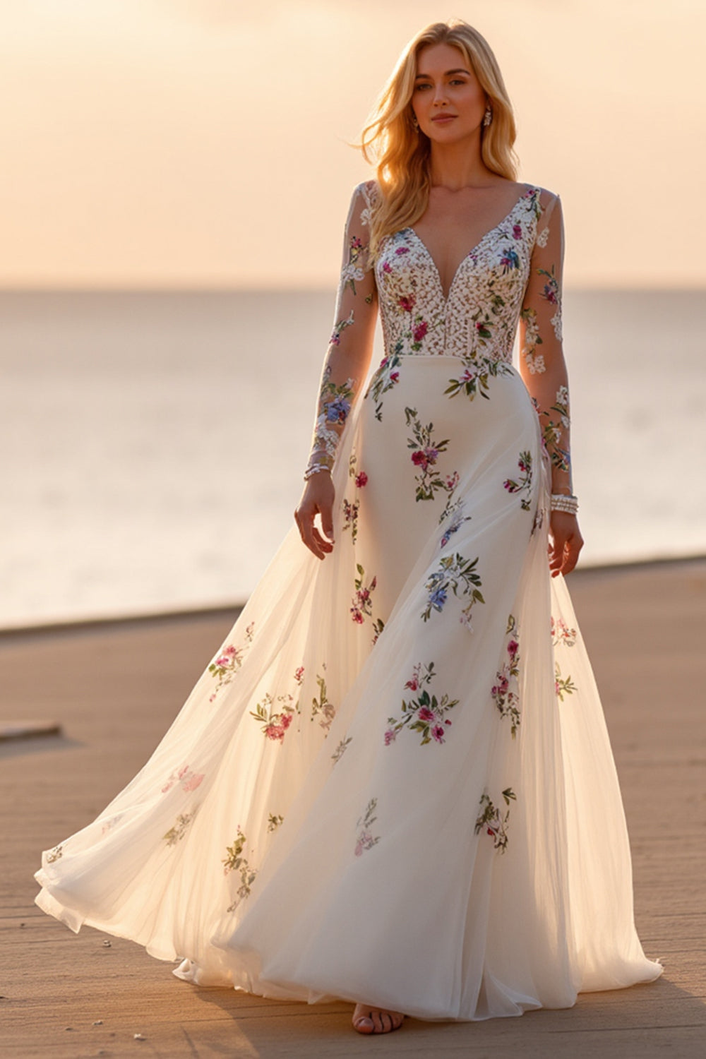 White A Line Floral Appliqued Wedding Dress with Long Sleeves