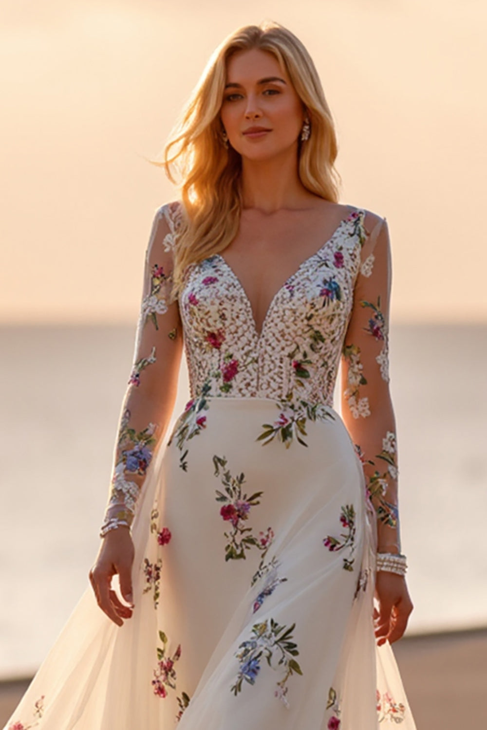 White A Line Floral Appliqued Wedding Dress with Long Sleeves