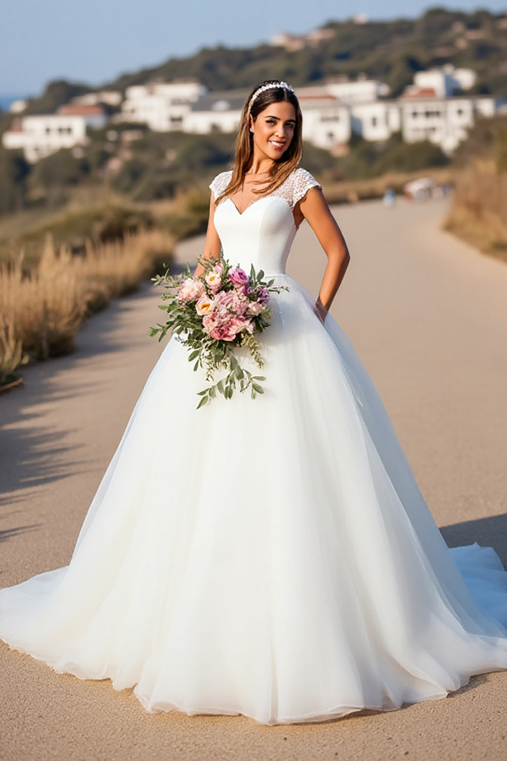 White V-Neck Ball Gown Cap Sleeves Wedding Dress with Lace