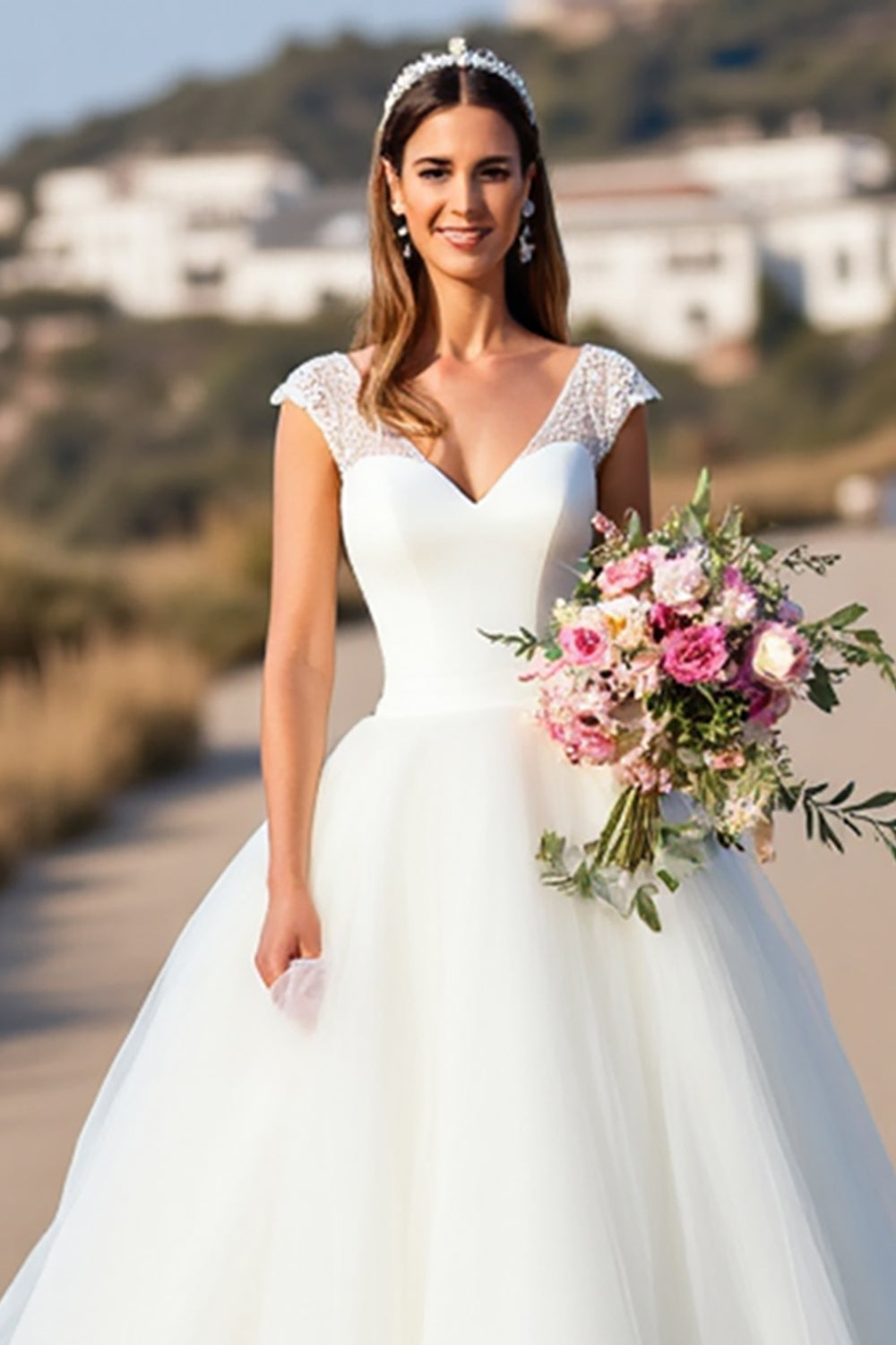White V-Neck Ball Gown Cap Sleeves Wedding Dress with Lace