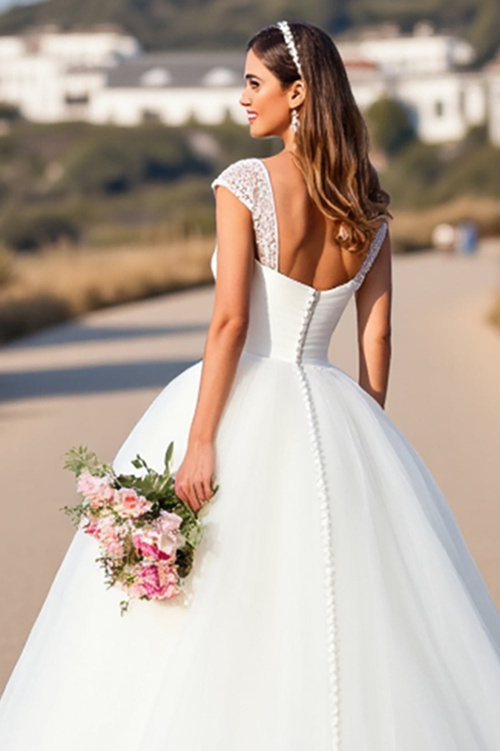 White V-Neck Ball Gown Cap Sleeves Wedding Dress with Lace