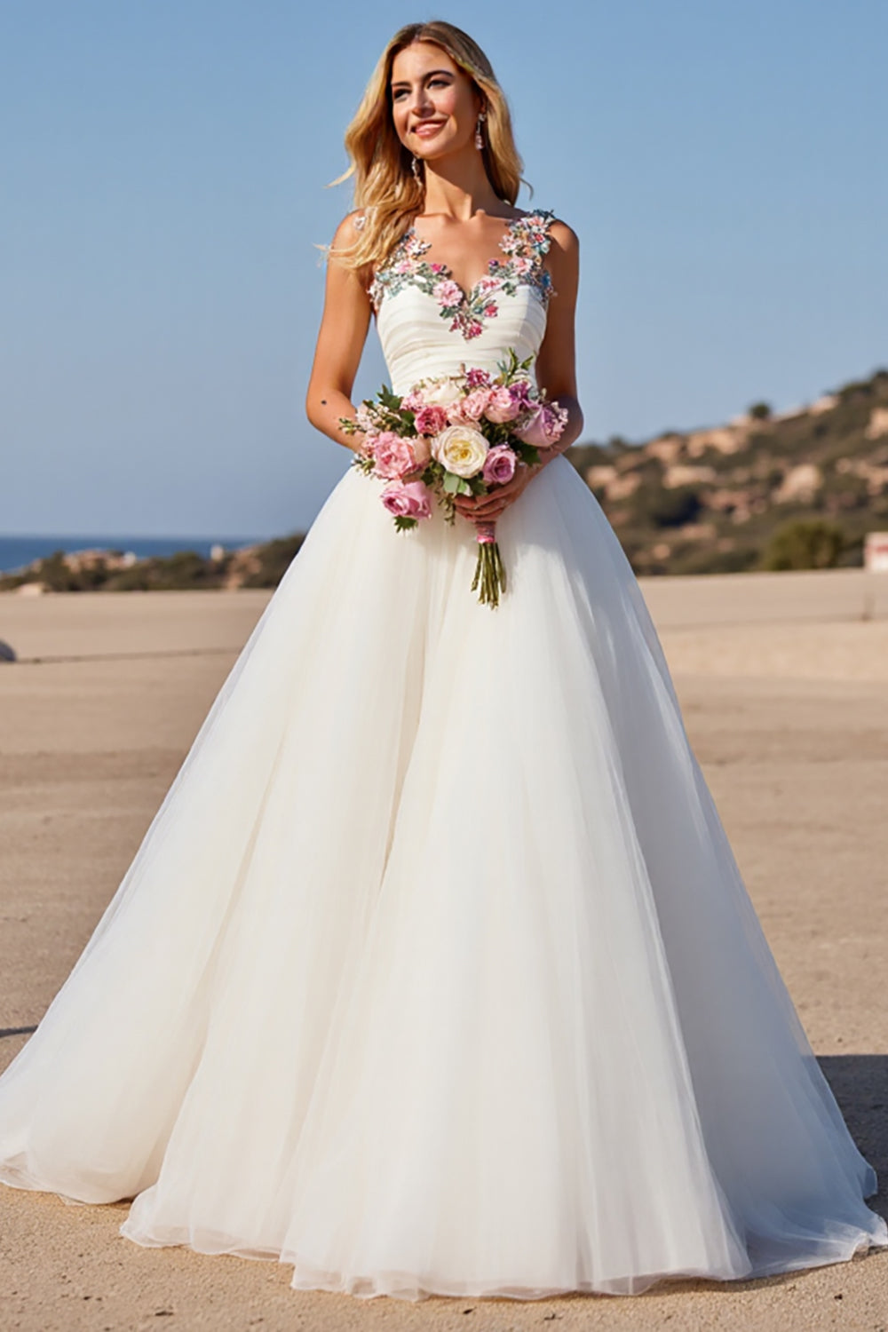 White Tulle A Line Boho Sweep Train Wedding Dress with Appliques